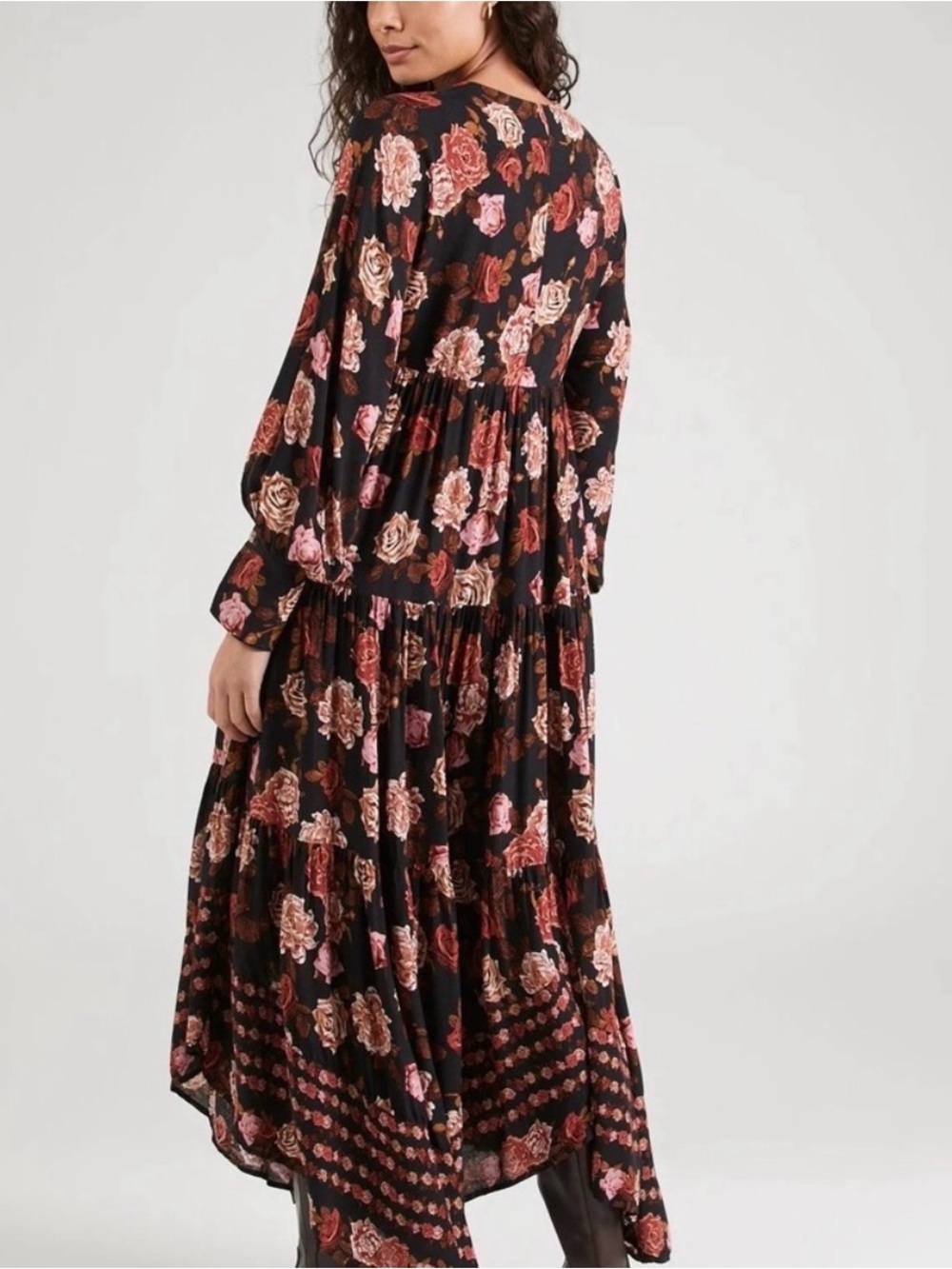Free People Rows of Roses Women's Black Floral V-Neck Maxi Dress L - Picture 5 of 10